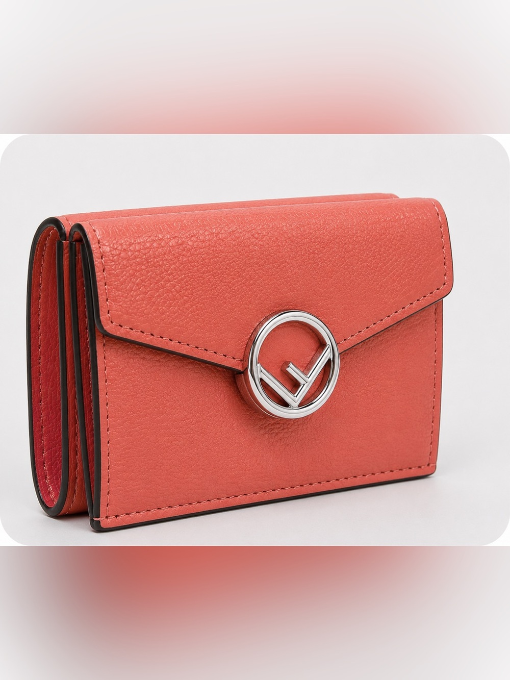 EUC FENDI ROMA F LOGO LONG TRIFOLD LEATHER WALLEY PINK SILVER